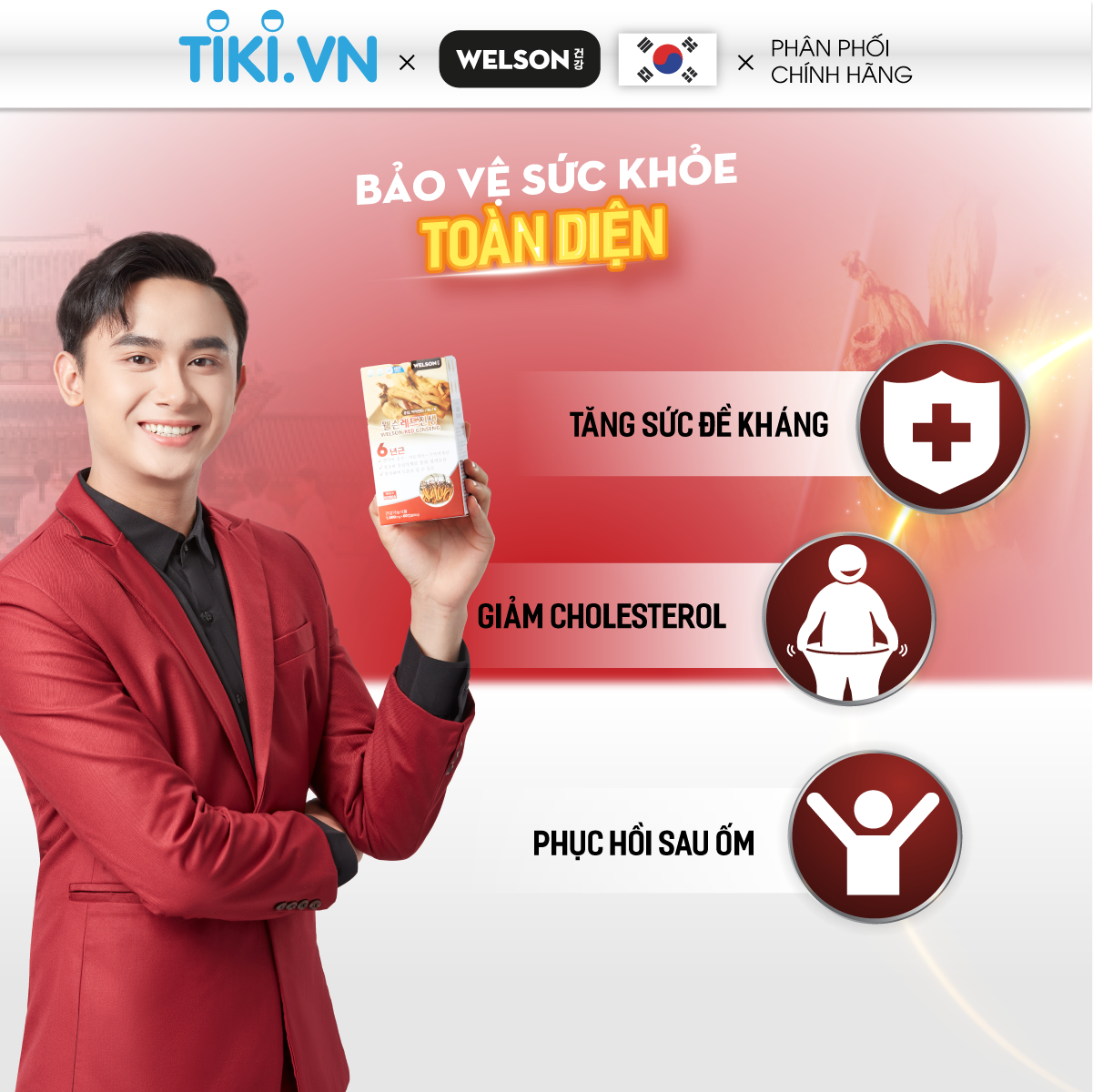 Hồng sâm hàn quốc và đông trùng hạ thảo tăng sức đề kháng Welson Red Ginseng hộp 60 viên