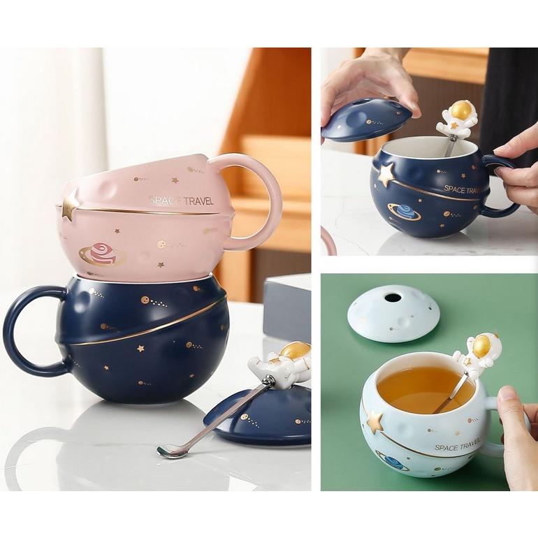Ly Gốm Sứ Dà du hành không gian, có nắp và thìa 400ml, Thiết kế sáng tạo đáng yêu.