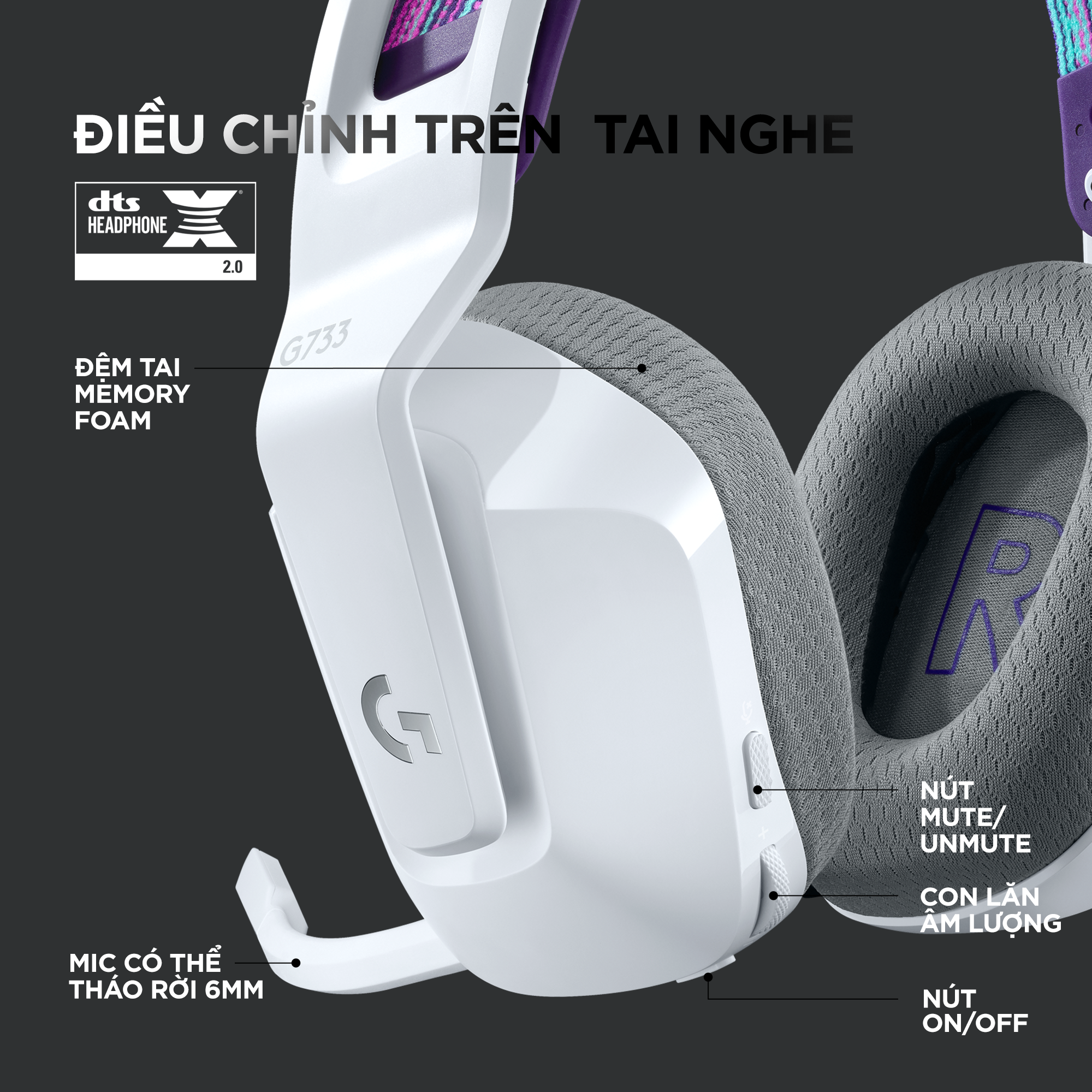 Tai nghe game không dây Lightspeed Logitech G733 - Headband tùy chỉnh, RGB Lightsync, màn loa Pro-G, Mic Blue Voice - Hàng chính hãng - Màu Trắng