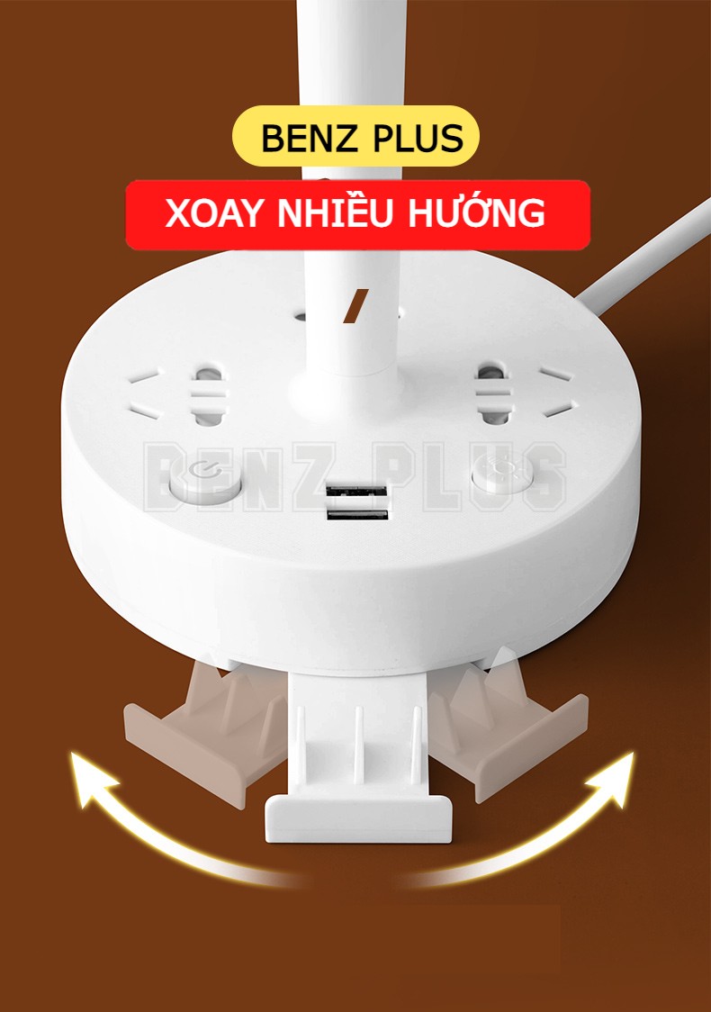 Đèn ngủ để bàn BENZ có 3 ổ cắm điện, 2 cổng sạc USB 5V/2A, chế độ sáng 3 màu phiên bản PREMIUM công suất tải 2500W