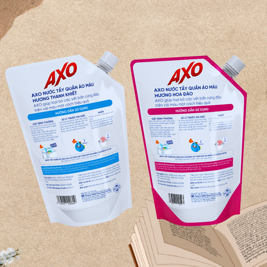 [Combo 4 TẶNG 5] 4 Túi Nước tẩy quần áo màu đánh bay vết bẩn AXO 1200ml không mùi khó chịu