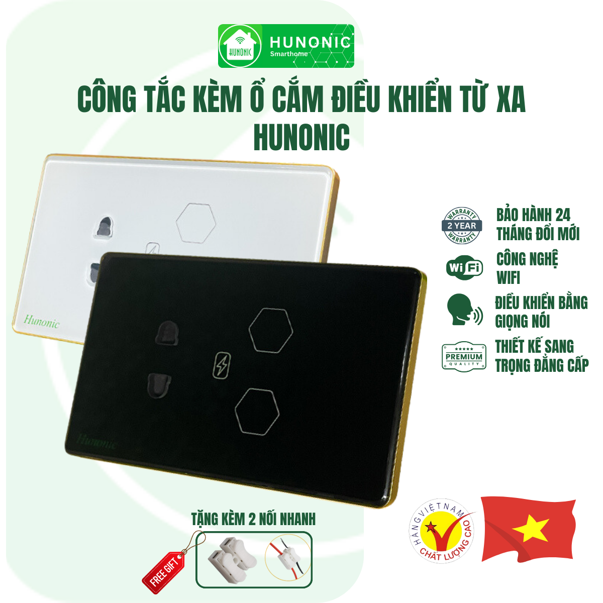 Công Tắc Thông Minh Kèm Ổ Cắm Hunonic Màu Trắng│Công Tắc Cảm Ứng Điều Khiển Từ Xa Qua Điện Thoại