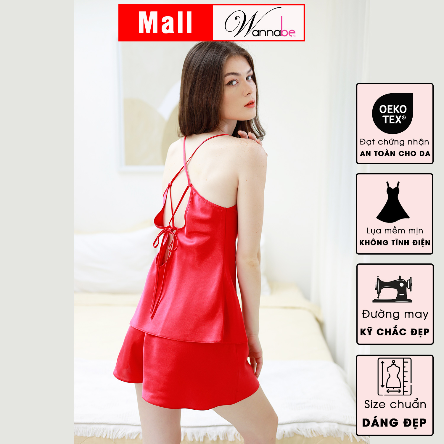 Đồ bộ mặc nhà WANNABE BSS61 đồ bộ quần sọt phối áo 2 dây cut-out phần lưng với dây trang trí cột hình thoi khoe lưng xinh đẹp