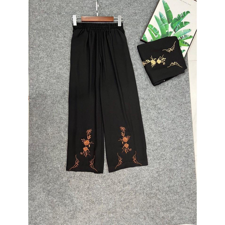 Quần Trung Niên Dáng Suông Cho Mẹ,  Mẫu Quần Dài Nữ Thêu Hoa Trung Niên Ống Rộng Thoải Mái