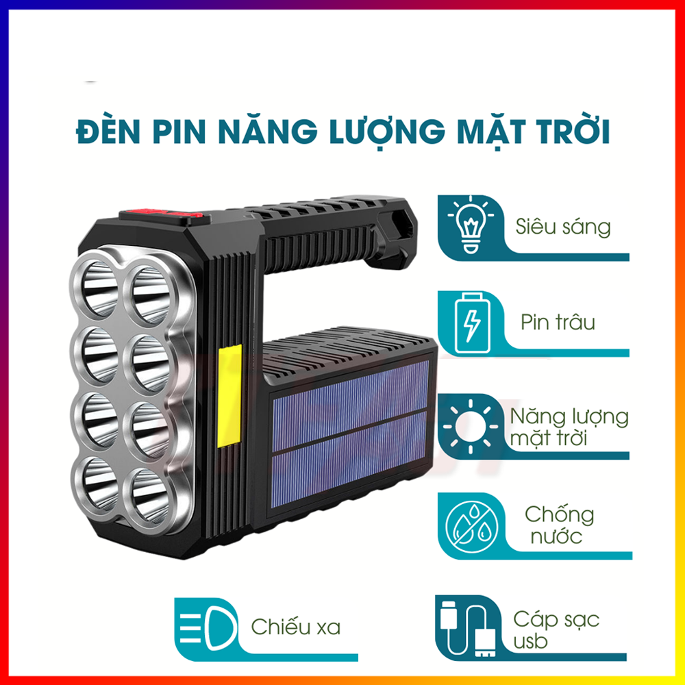 Đèn Pin Cầm Tay Siêu Sáng 4 Chế Độ Chống Thấm Nước, Cổng Sạc USB Kết Hợp Năng Lượng Mặt Trời - Hàng Chính Hãng