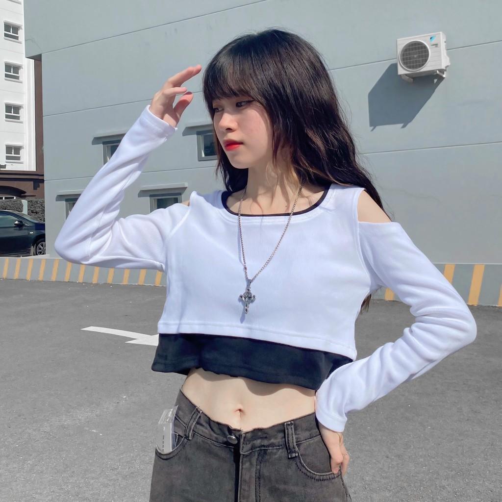 Áo Croptop Nữ Dài Tay Phối Layer Vải Thun Gân Form Ôm