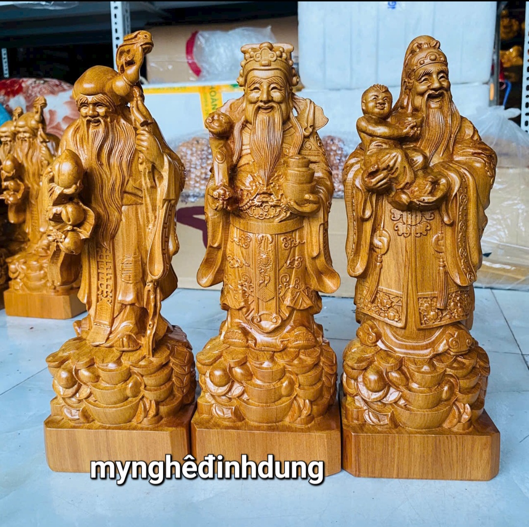 Bộ tượng tam đá phúc lộc thọ bằng gỗ bách xanh thơm nức kt cao 30x11x9cm