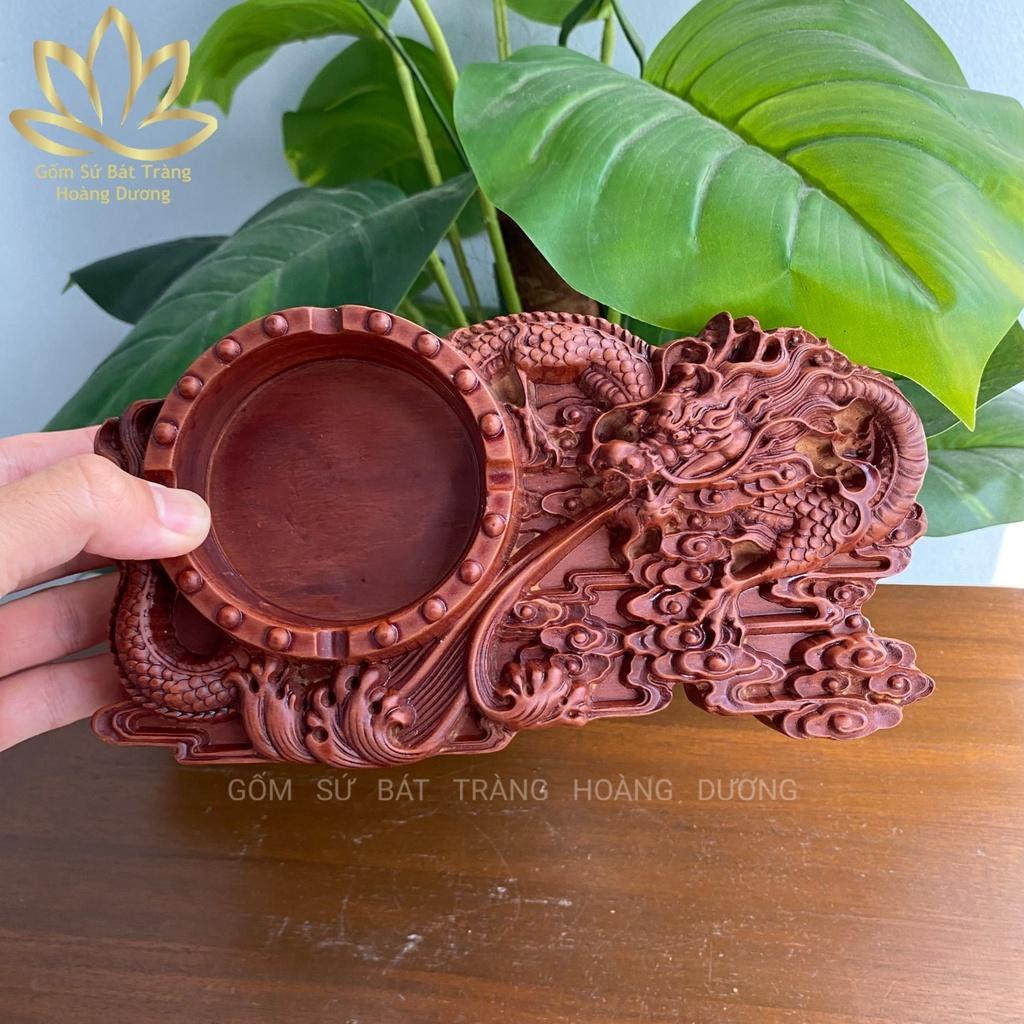 GẠT TÀN gỗ hương khắc hình RỒNG PHUN LỬA 12x22x3cm