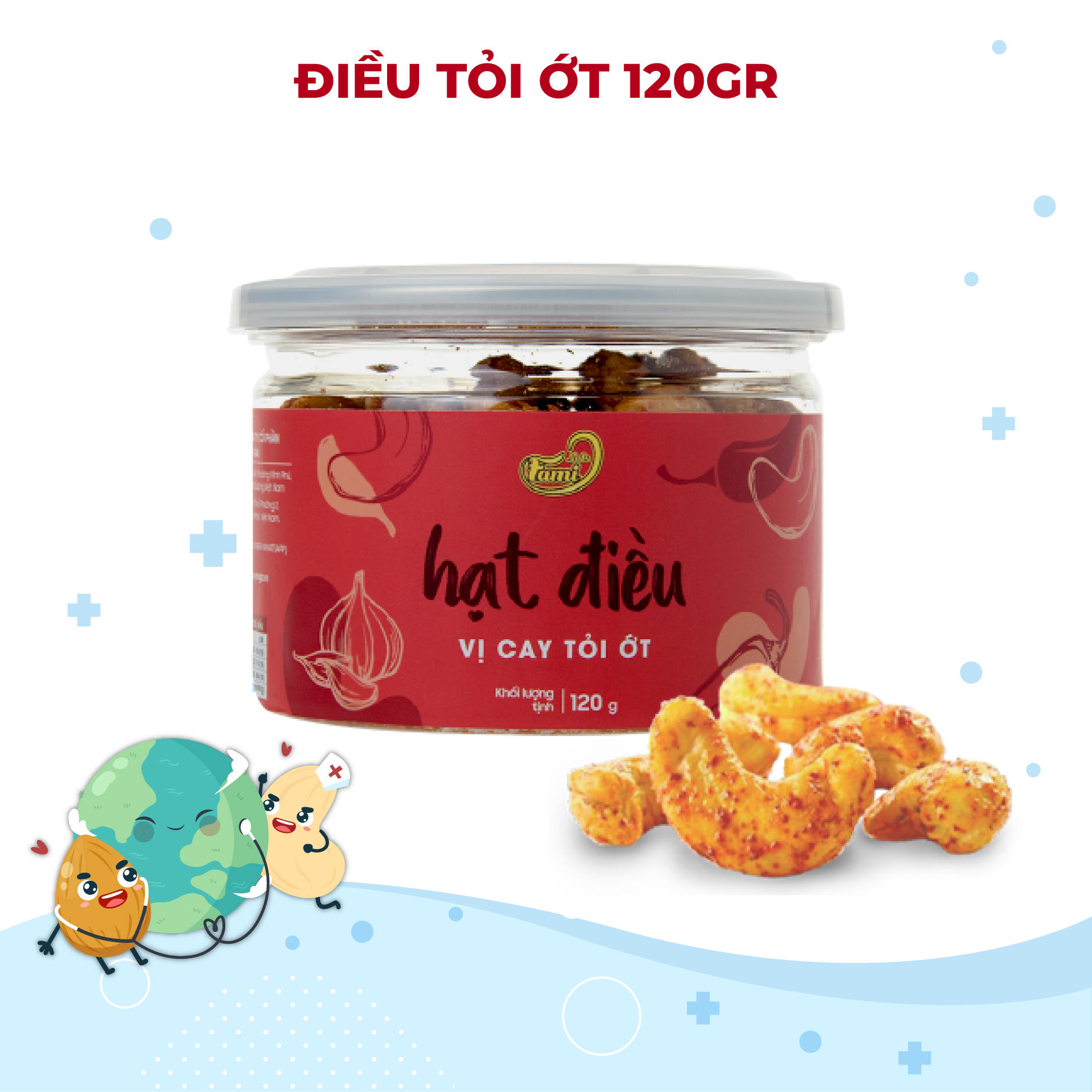 Hạt Điều Tẩm Vị Cay Tỏi Ớt, Hạt Điều Tỏi Ớt, Hạt Điều Rang Vị Tỏi Ớt, Hạt Điều Acồ Size A++, Hạt Điều Xuất Khẩu - Hũ Nắp Nhôm 120g - Thương Hiệu FAMINUTS