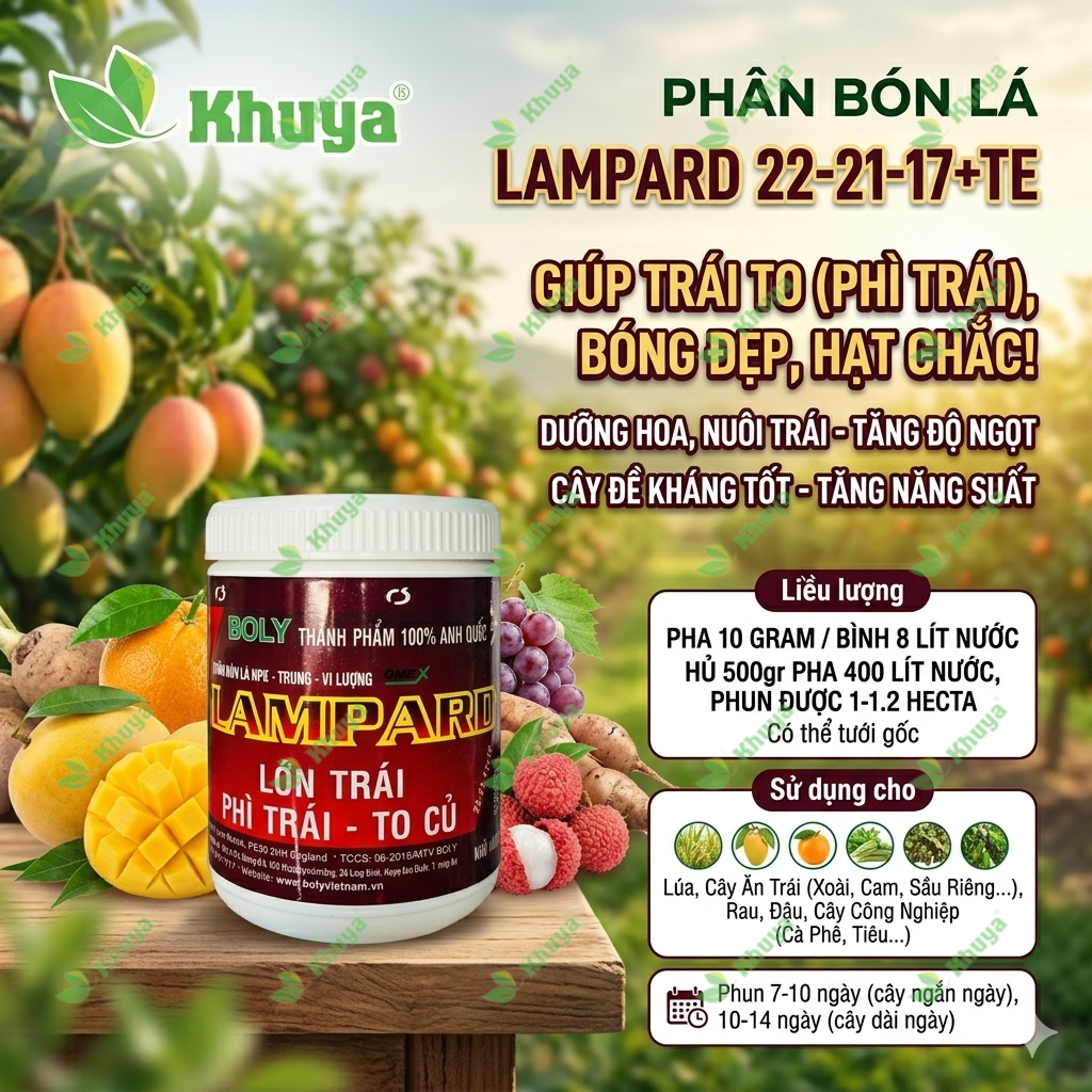 Phân bón lá NPK vi lượng Lampard 22-21-17+TE hủ 500gr To củ Lớn trái