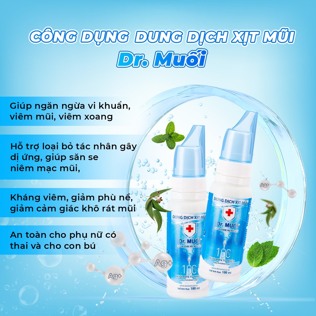 Dung dịch xịt mũi Dr. Muối (100ml) (Ngừa vi khuẩn + Bảo Vệ Xoang + Thơm Thoáng mũi)