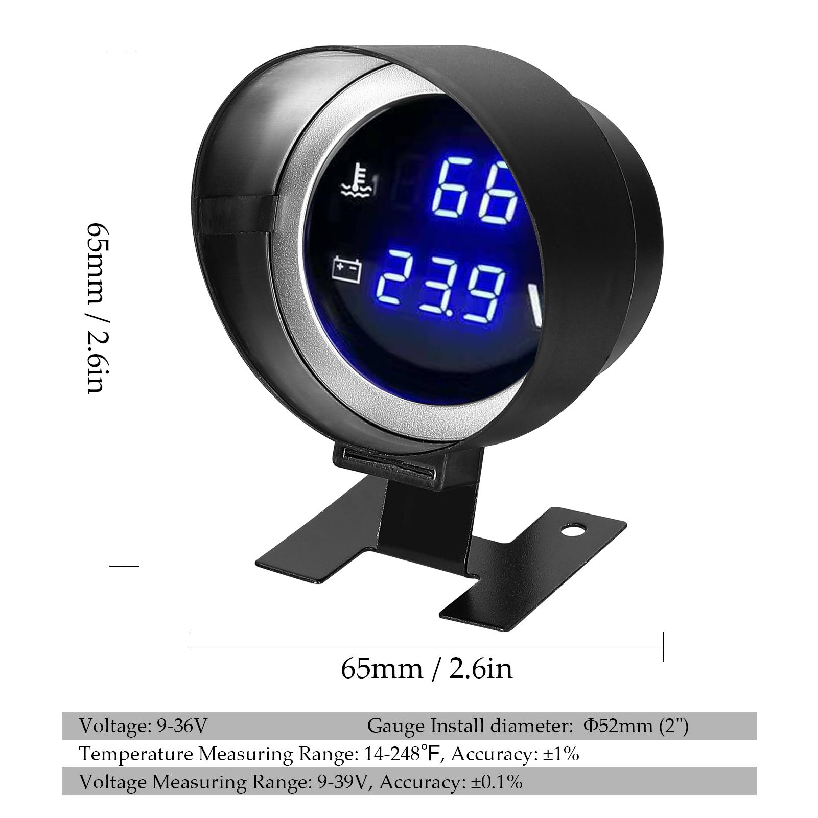 2 in 1 Universal Car Digital Gauge Water Temperature Voltage Gauge Voltmeter 9-36V with 1/8NPT Sensor for Car Truck SUV RV