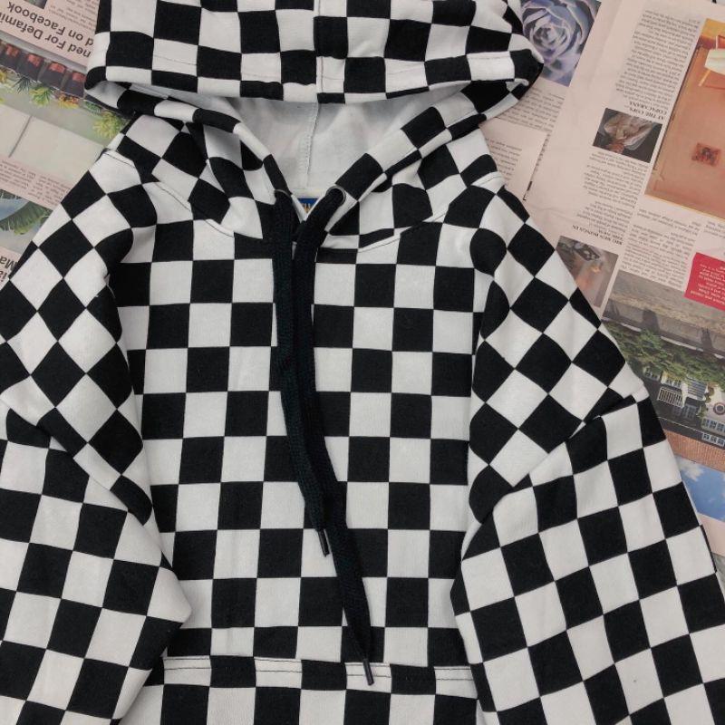 Áo Hoodie sọc caro MEANSTORE nỉ lót bông có mũ oversize unisex nam nữ form rộng phong cách Hàn Quốc - Caro đen trắng