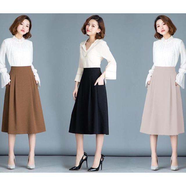 Chân Váy Xoè Xếp Ly Nhẹ 2 Túi chất tuyết mưa dài 65cm Thời Trang Công sở