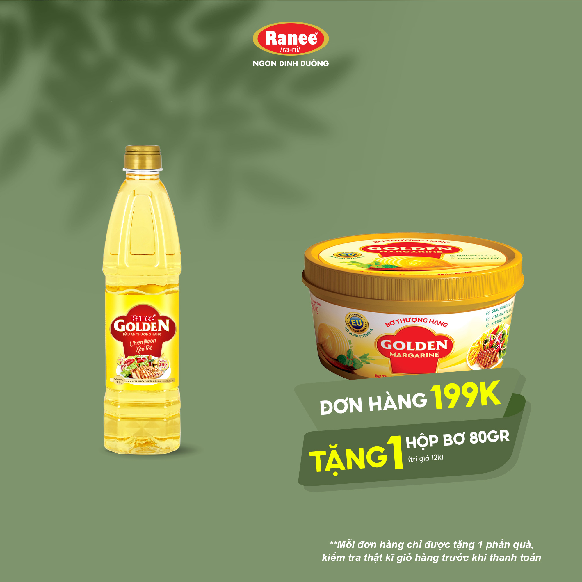 Đơn 199k tặng hộp bơ 80g Dầu ăn thượng hạng Ranee Golden 1 lít