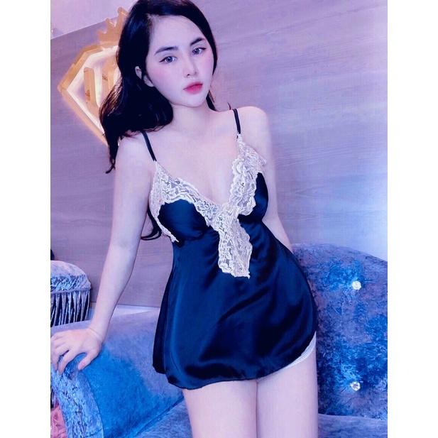 Đồ ngủ sexy đồ ngủ 2 dây phối ren có mút ngực Hoàng Tình Store, chất liệu lụa satin, freesize 40-60kg tùy chiều cao