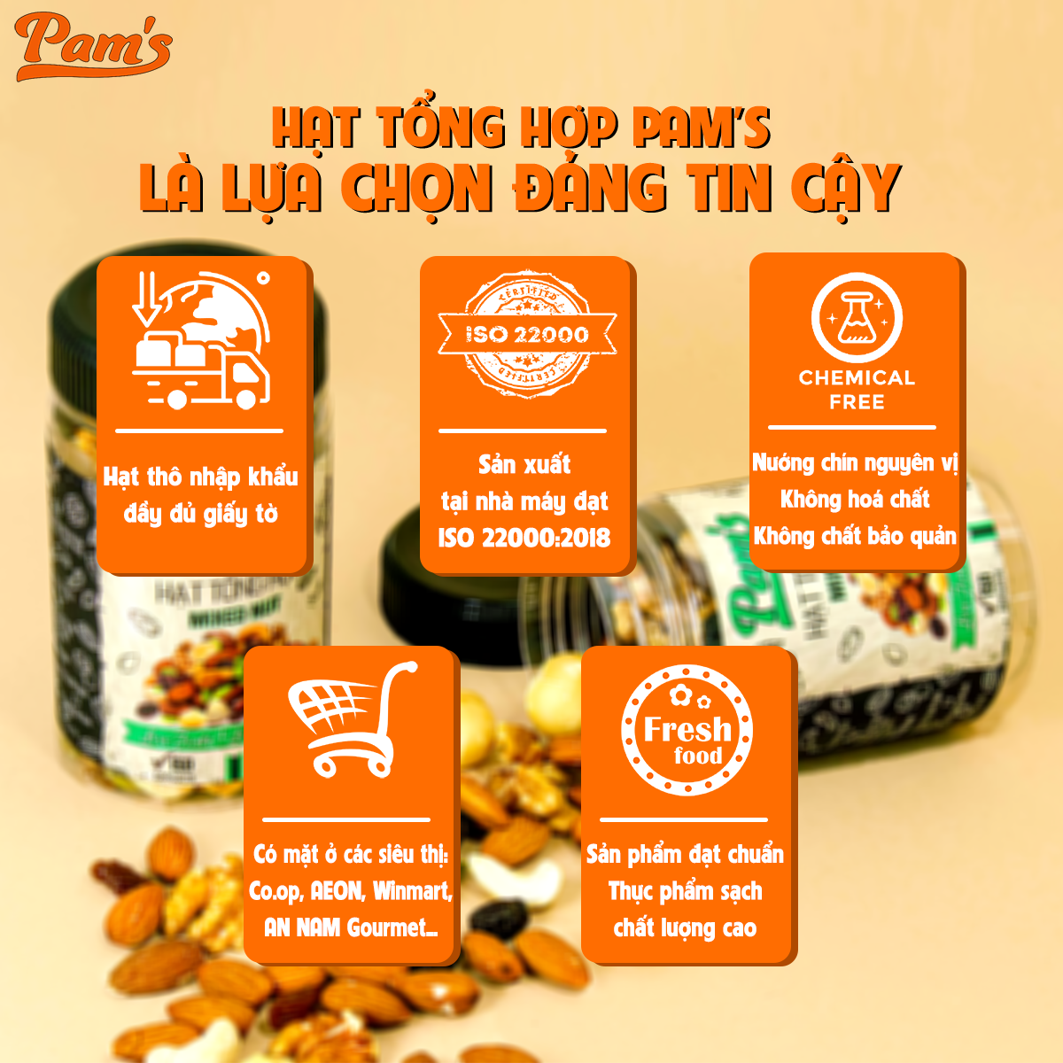 Combo 3 Hũ Ngũ Cốc Mix 6 Loại (Macca + Hạnh Nhân + Điều + Nhân Óc Chó + Hạt Bí + Nho Úc) Pam's