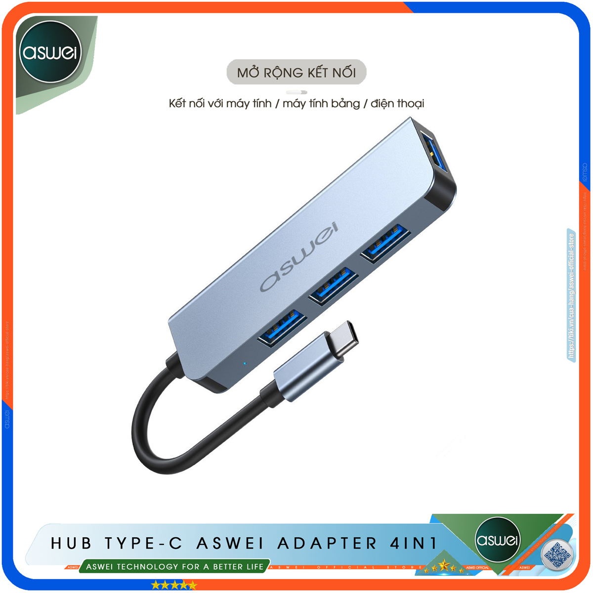 Hub USB Và Hub Type C ASWEI 4 in 1 To USB 3.0 - Cổng Chia USB, ổ Chia USB Tốc Độ Cao - Hub Chuyển Đổi USB Type-C Dành Cho Macbook, Laptop, PC, Máy Tính Bảng, Điện Thoại - Hàng Chính Hãng
