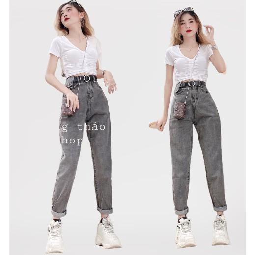 Quần Jean Nữ Trơn Túi Nắp Dáng Baggy