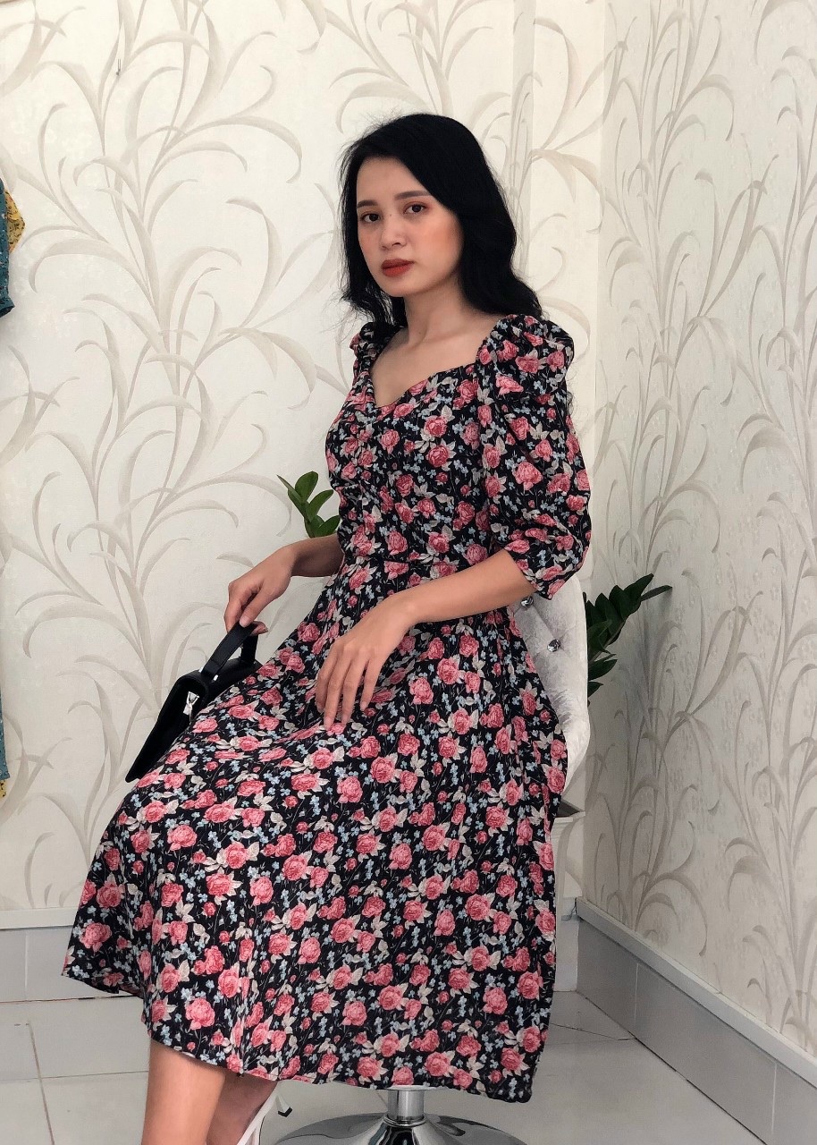 Đầm xòe voan hoa cổ vuông nhún ngực S&M GR192 - Hình thật do shop chụp