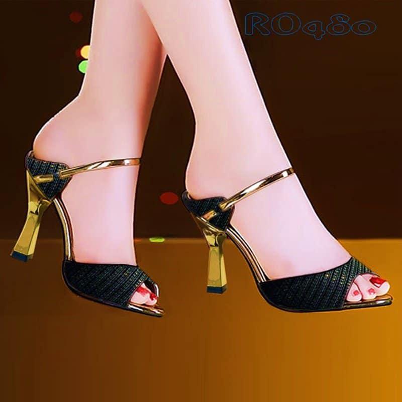 Giày cao gót nữ đẹp hở mũi 7 phân hai màu đen vàng hàng hiệu rosata ro480