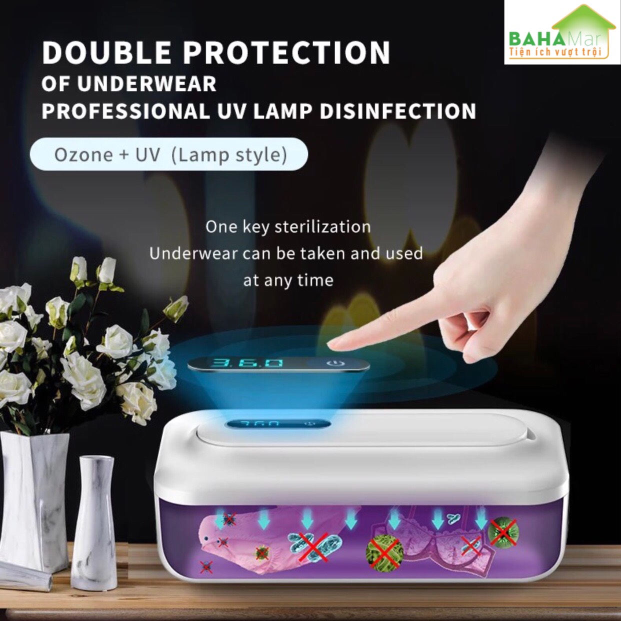 HỘP THANH LỌC KHỬ KHUẨN ĐỒ DÙNG, ĐỒ CHƠI, ĐỒ LÓT BẰNG ĐÈN OZONE VÀ TIA UV "BAHAMAR" có hai chức năng tinh lọc tia cực tím và ozone, thanh lọc khả năng mạnh hơn, cho bạn bảo vệ kép.