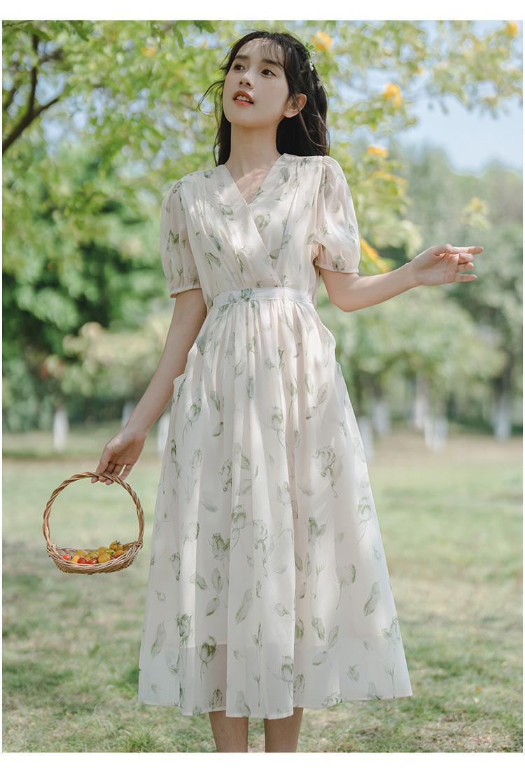 TOBE1SHOP Pháp nhỏ làm mới váy ngọt ngào thắt lưng ren-up trà nghỉ váy dài mùa hè hoa đầm phụ nữ