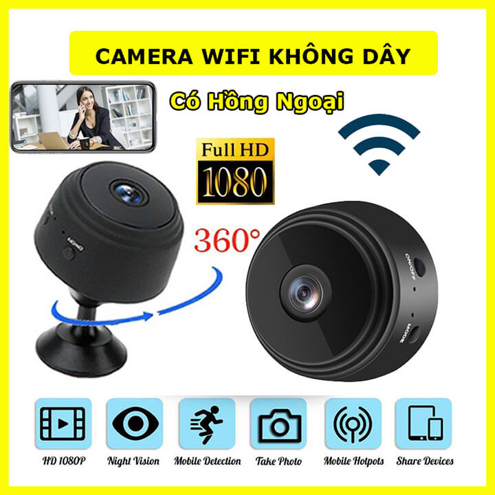 Camera wifi mini A9 không dây chống trộm kết nối điện thoại từ xa góc quay 120 độ Full HD 1080P, camera IP mini có Led hồng ngoại