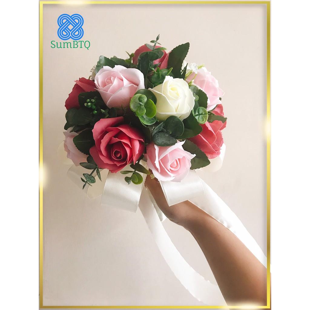 Hoa Cưới Cầm Tay Hoa Sáp Hồng Mix Hoa Lá