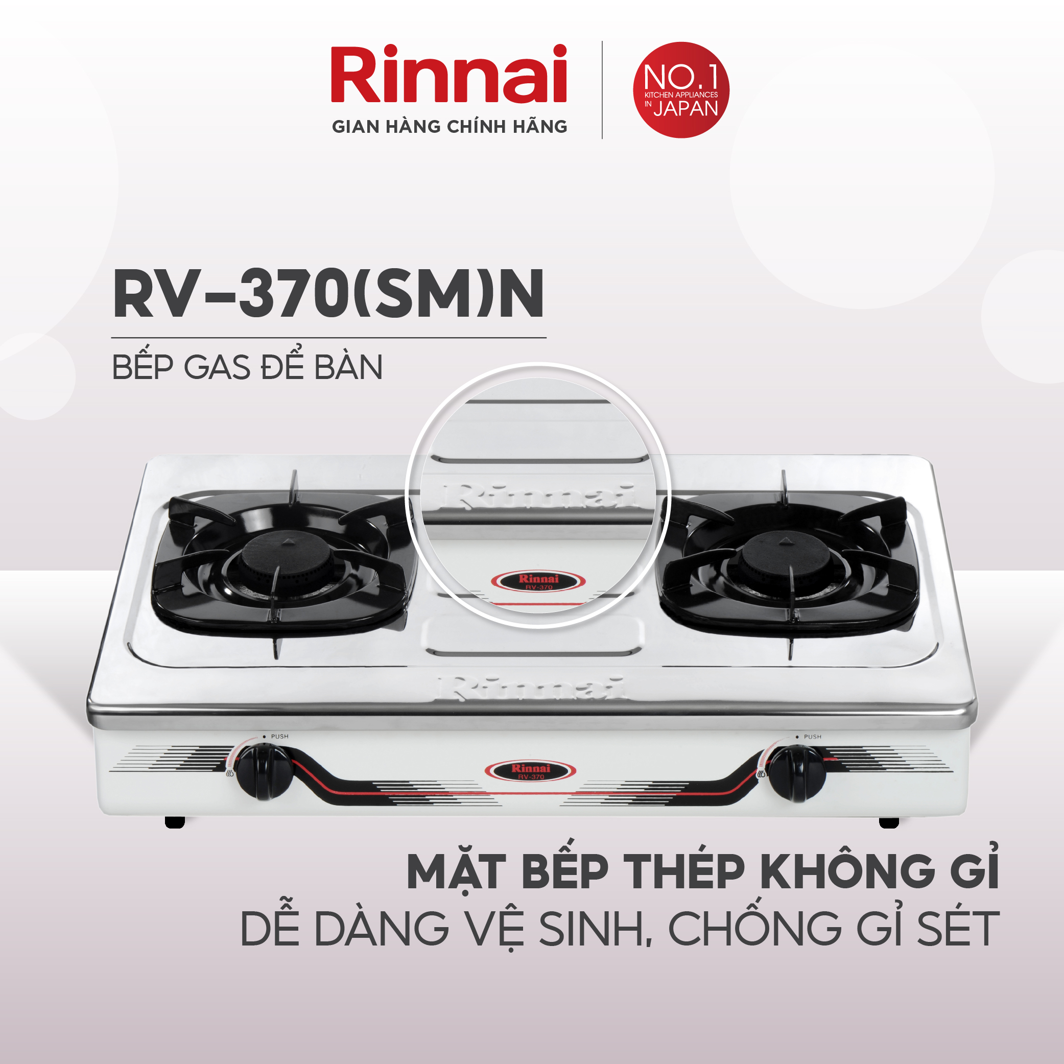 Bếp gas dương Rinnai RV-370N mặt bếp inox và kiềng bếp men - Hàng chính hãng.