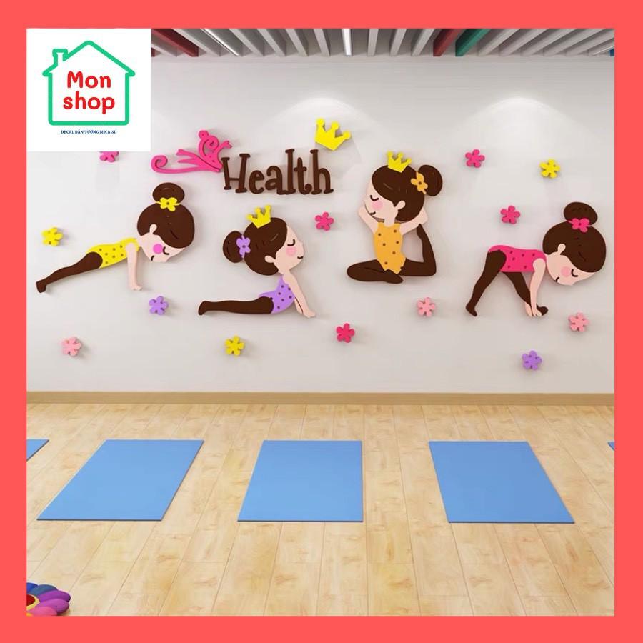 Tranh 3D mica dán tường các cô gái tập yoga, decal trang trí phòng tập thể dục dễ thương