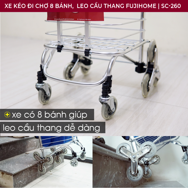 Xe kéo đi chợ, leo cầu thang FUJIHOME SC-260 tải trọng 50-60kg, Thiết kế cực kì chắc khoẻ giúp xe vận hành cực kì êm ái và bền bỉ