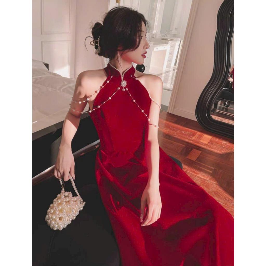 Đầm xoè dự tiệc cổ tàu kết cườm kèm ghim cài
