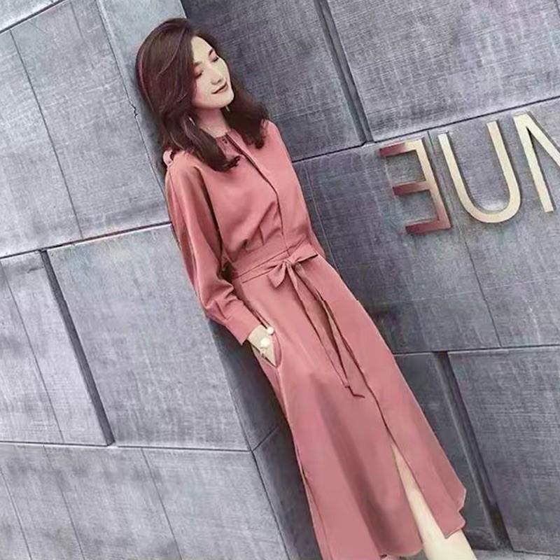 Đầm váy hồng đậm cổ tròn tay dài
