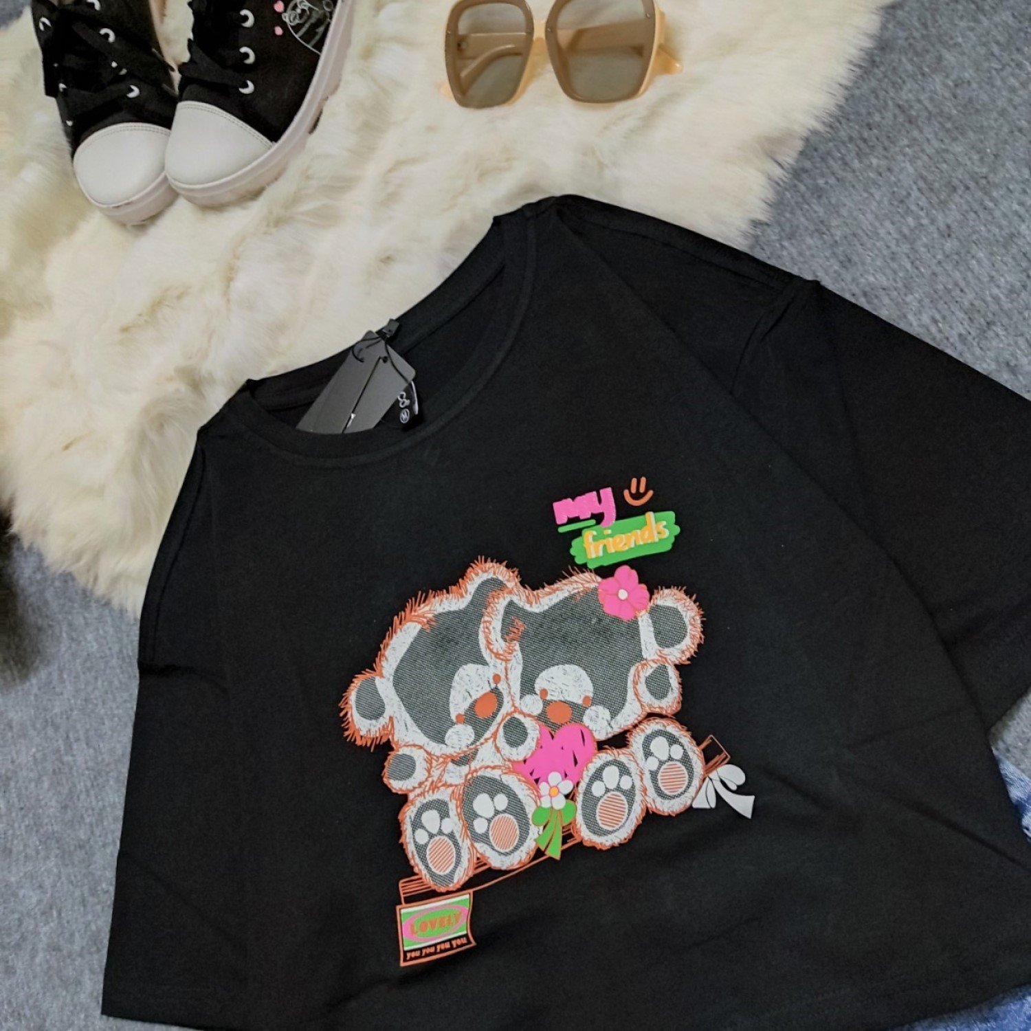 G01XXL Áo Thun Đen Croptop Tay Ngắn Size Siêu Đại Cho Bé Gái Tuổi Teen , Thun cotton mịn mát