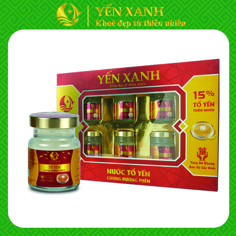 TỔ YẾN CHƯNG ĐƯỜNG PHÈN – YẾN XANH (15% TỔ YẾN) - HỘP 6 LỌ