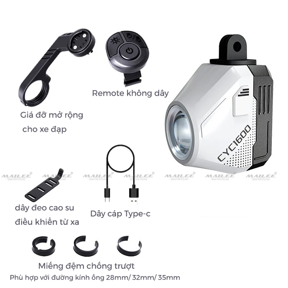 Đèn Xe Đạp Trước CYC 1600 Lumens Chống Chói Có kèm Remote và Giá đỡ, thời gian sử dụng lên đến 11h (tùy chế độ) Đi Đêm Địa Hình Có pha/cos - Mai Lee