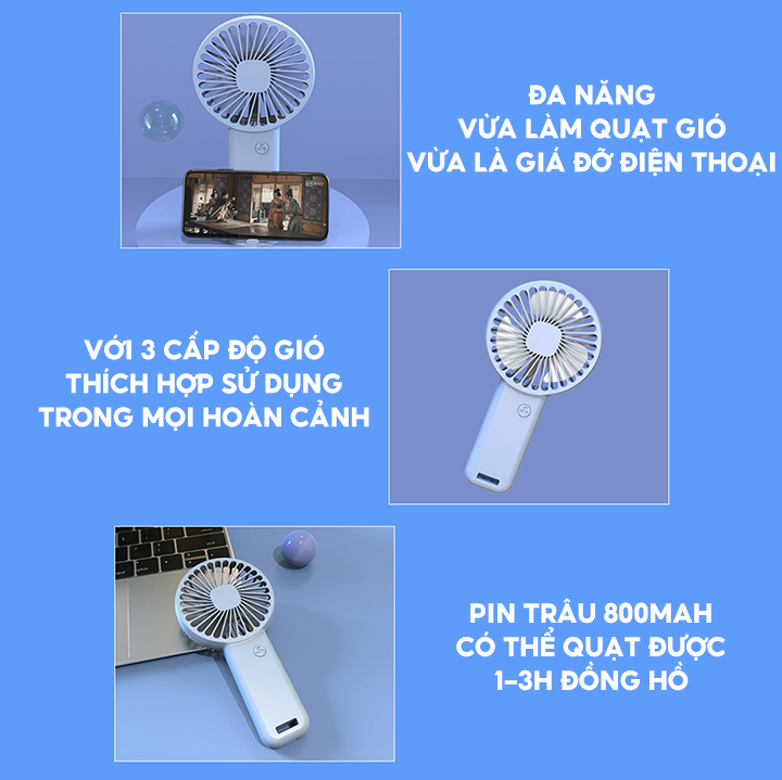 Quạt Tích Điện Mini Cầm Tay Kèm Giá Đỡ Điện Thoại Dung Lượng Pin 800mah