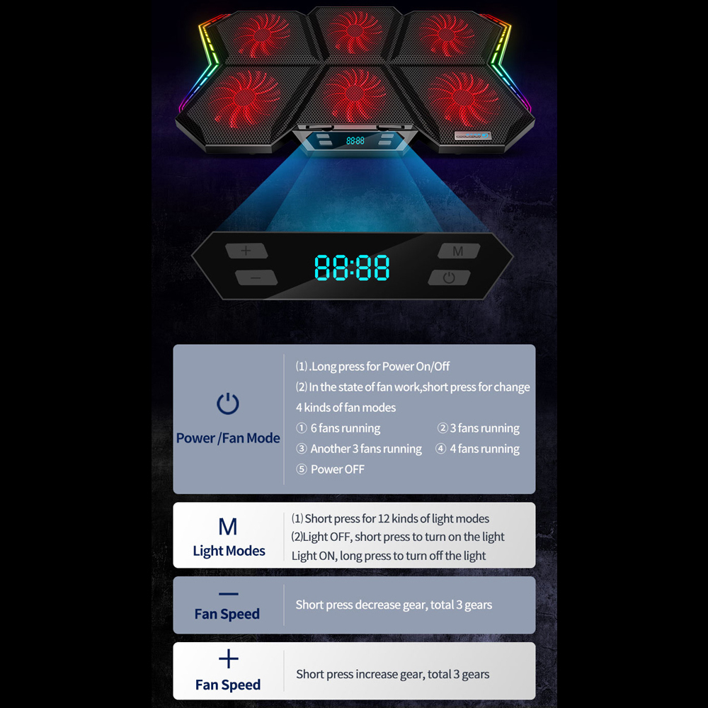 Máy làm mát máy tính xách tay COOLCOLD K40 RGB 6 quạt Thiết kế câm với chân đế có thể điều chỉnh được tốc độ gió Chiều cao ánh sáng đầy màu sắc