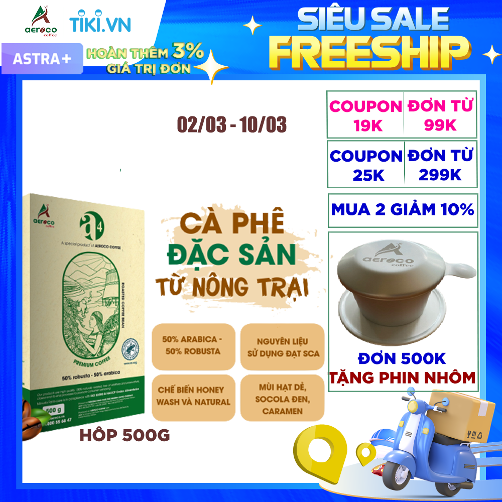 Cà phê hạt rang AEROCO A4 pha phin và pha máy, hộp 500g, nguyên chất 100% rang mộc hậu vị ngọt thơm quyến rũ