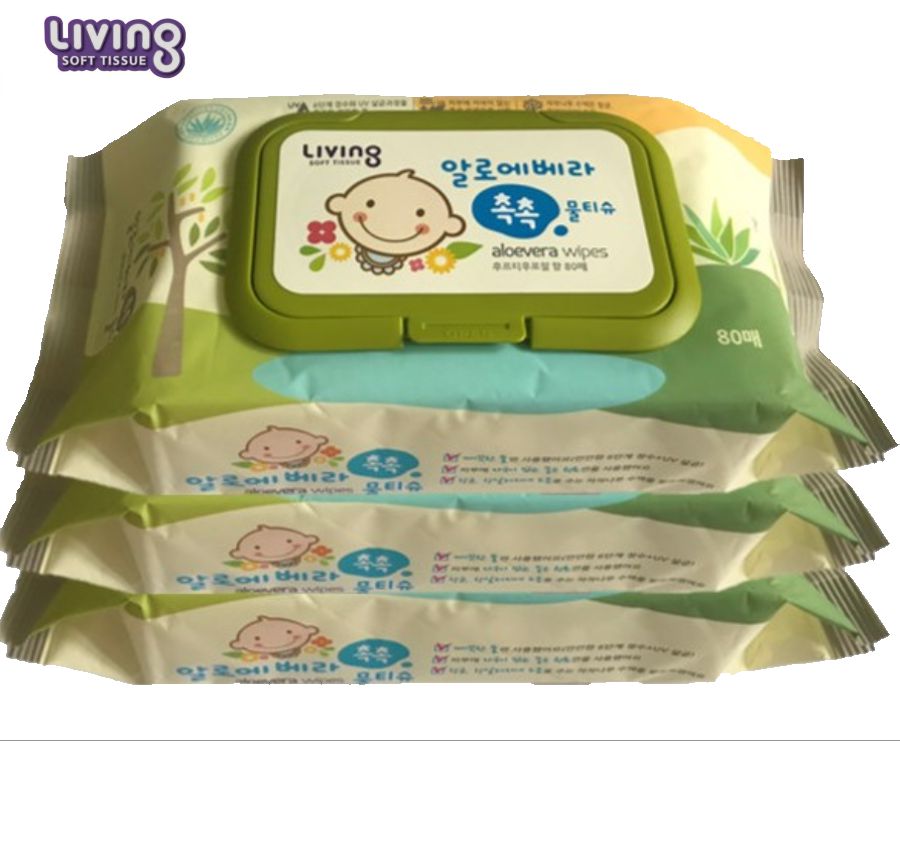 Bộ 3 gói khăn giấy ướt  Living Aloe Vera Chok Chok - loại 80 tờ/gói