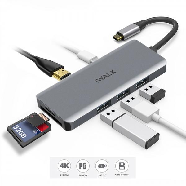 Hub chuyển đổi USB-C iWalk ADH003 7-in-1 4K HDMI, Quick Charge PD 3.0 60W với 7 cổng 3*USB/HDMI/SD/TF/Type C dành cho Macbook  Pro, iPad Pro và các thiết bị cổng Type-C - Hàng chính hãng