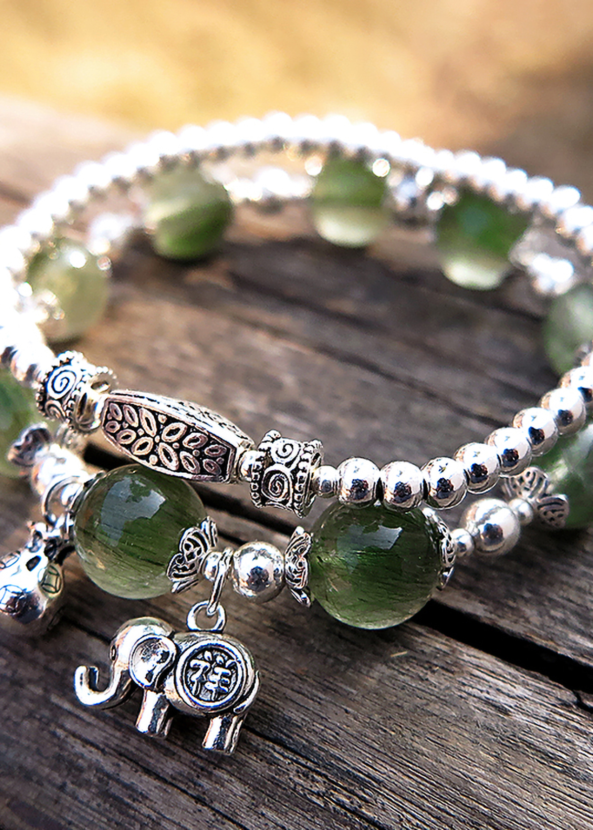 Vòng 2 line đá thạch anh tóc xanh phối charm voi mệnh hỏa, mộc - Ngọc Quý Gemstones