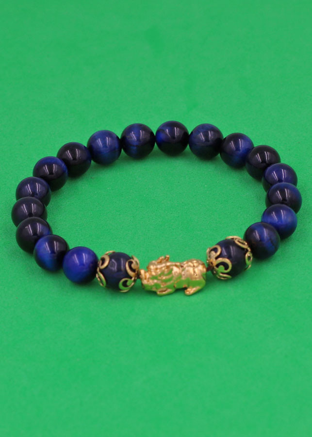 Vòng đeo tay Đá Mắt Hổ Xanh Đen 8 ly - cẩn Tỳ Hưu Phong Thủy inox vàng VMHXETHHKV8 - hợp mệnh Mộc, mệnh Thủy