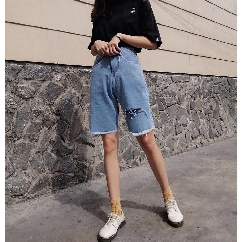 QUẦN SHORT LỬNG JEAN – BÒ NGÓ ĐÙI KIỂU NỮ LƯNG CAO XANH TRƠN BASIC RÁCH BỤI 45