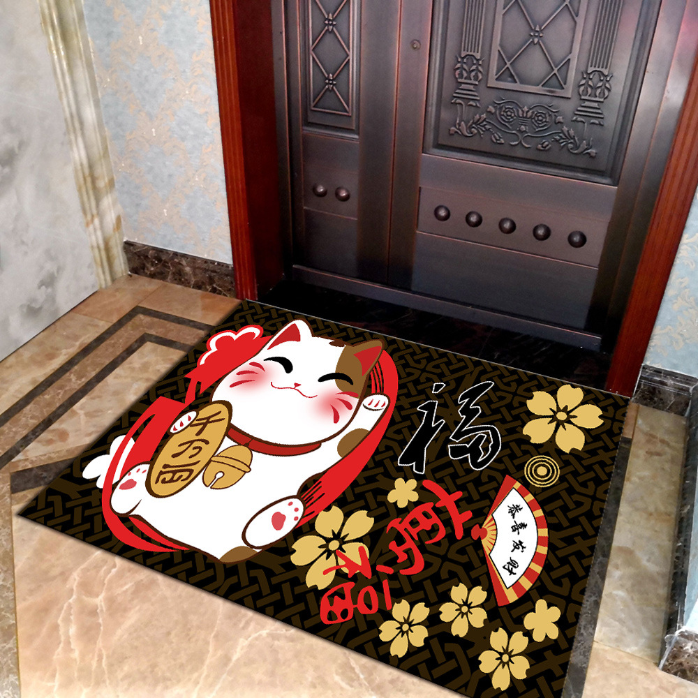 Thảm Nhà Bếp Mèo Thần Tài Vẫy Tay Maneki Neko Lau Chùi Chân Chống Trơn Trượt 40x60cm Trang Trí Nhà Cửa