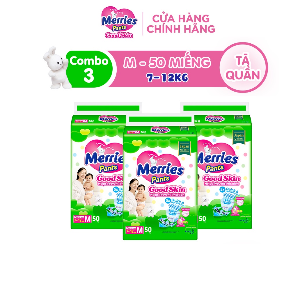 Combo 3 Tã quần Merries Goodskin đủ size M50/L44/XL38/XXL28