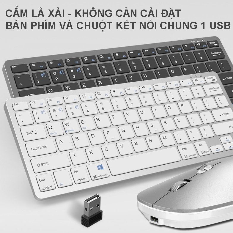 Bộ Bàn phím chuột không dây mini W616C White - pin sạc TypeC- đa kết nối bluetooth 5.0 + 3.0 + Usb wireless 2.4G