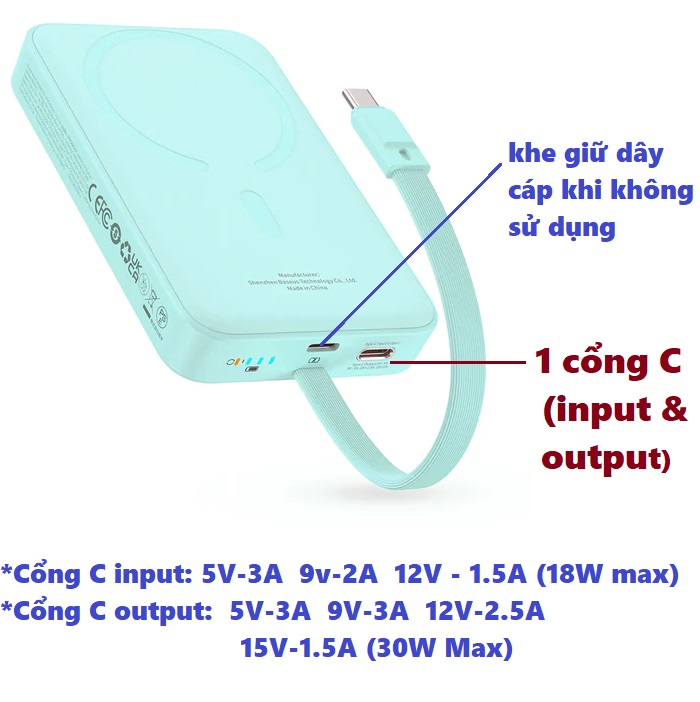 Pin dự phòng không dây nam châm tích hợp cáp C / ip hỗ trợ sạc nhanh Baseus PPCXM10T_ Hàng chính hãng