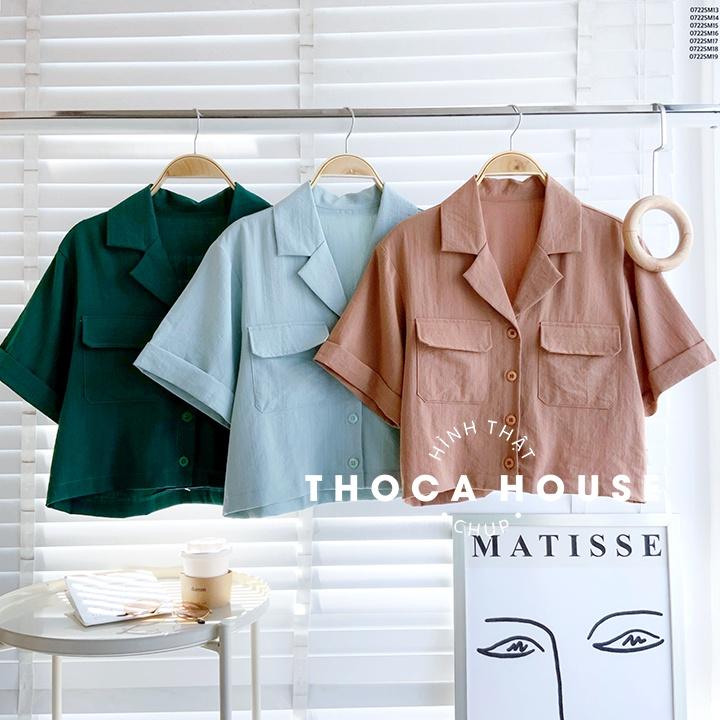 Áo sơ mi nữ croptop công sở cổ vest 2 túi nhiều màu THOCA HOUSE dễ phối đồ, mặc đi làm đi học cực xinh